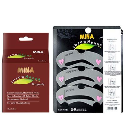 Mina ibrow Henna Coloring Kit Regular Pack Burgundy with Ibrow Stencils-Combo Pack