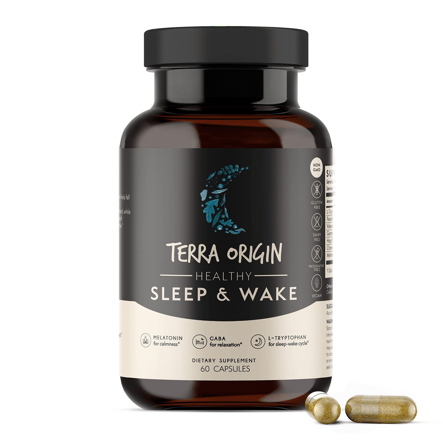 TERRA ORIGIN Healthy Sleep Wake Natural Sleep Aid Supplement for Adults Restful and Awake Refreshed GABA, L-Tryptophan, Melatonin, Chamomile, Valerian, PassionFlower 60 Capsules