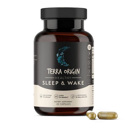 TERRA ORIGIN Healthy Sleep Wake Natural Sleep Aid Supplement for Adults Restful and Awake Refreshed GABA, L-Tryptophan, Melatonin, Chamomile, Valerian, PassionFlower 60 Capsules