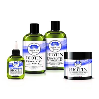 Ethereal Nature Biotin Pro-growth 4 pack (Shampoo 12 oz, Conditioner 12 oz, Hair Oil Mask)