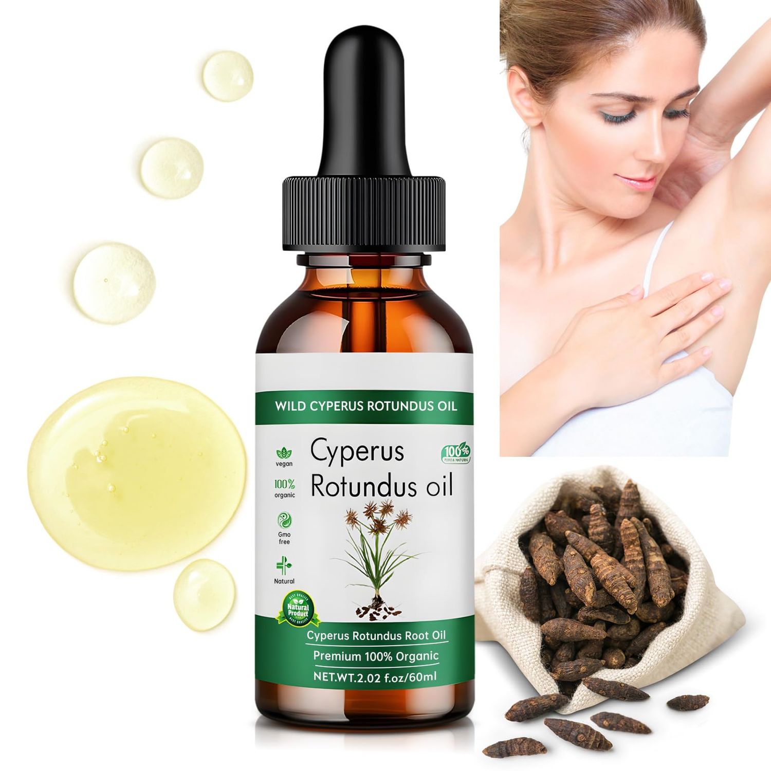 Cyperus Rotundus Oil For Hair Removal, Pure Organic Cyperus Oil For Women Men, Reducing Body Hair Growth, 60ML Hair and Body Oil, Moisturizing Soothing.