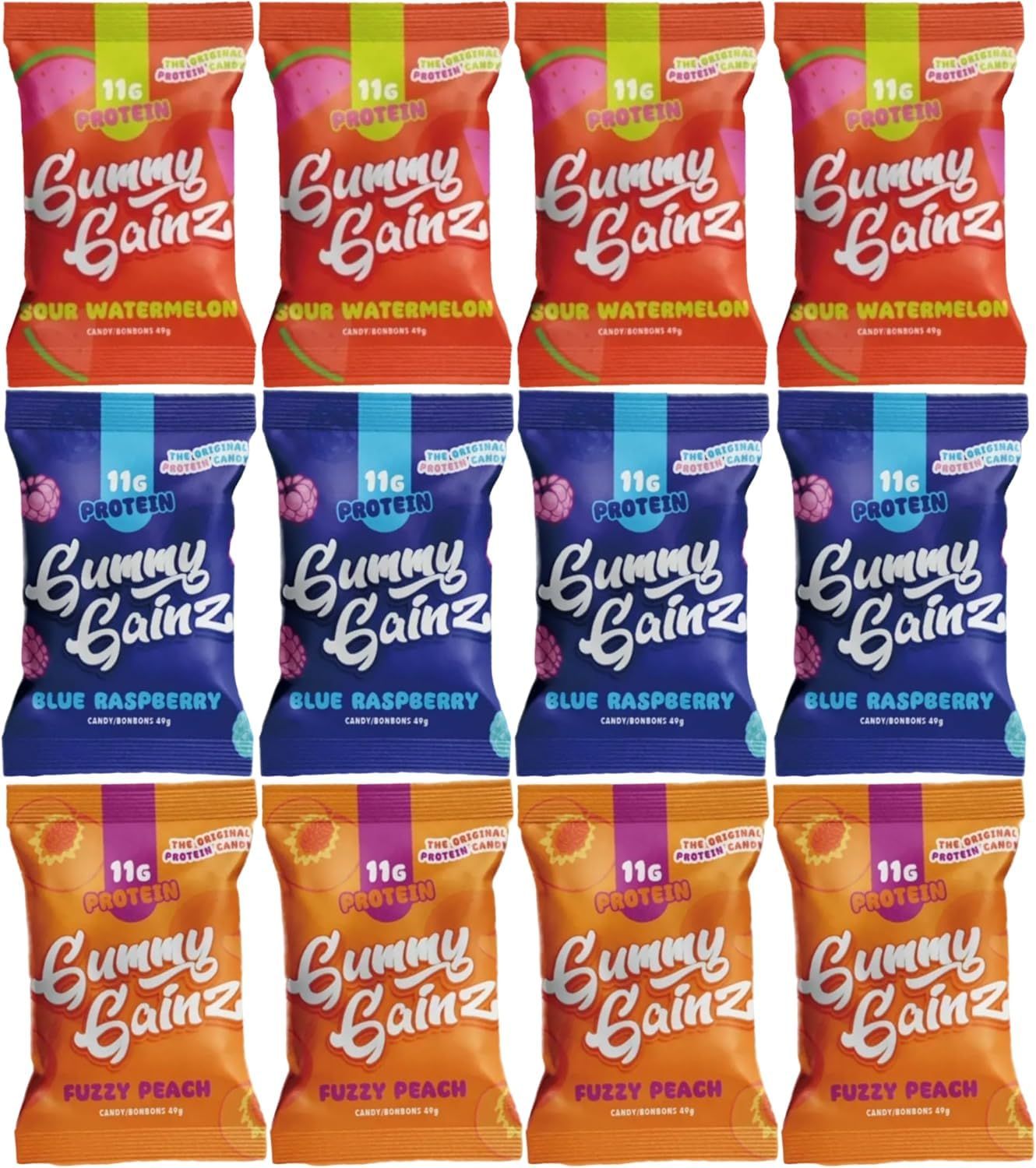 Gummy Gainz Protein Candy Gummies High Protein Candy 11g Protein per Serving Fat Free, Naturally Flavored, No Artificial Sweeteners, Gluten Free, Soy Free Box of 12 Bags (Assorted - 3 Flavors)