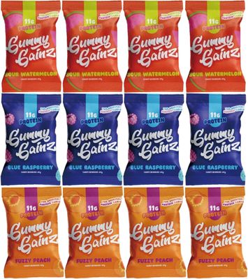 Gummy Gainz Protein Candy Gummies High Protein Candy 11g Protein per Serving Fat Free, Naturally Flavored, No Artificial Sweeteners, Gluten Free, Soy Free Box of 12 Bags (Assorted - 3 Flavors)