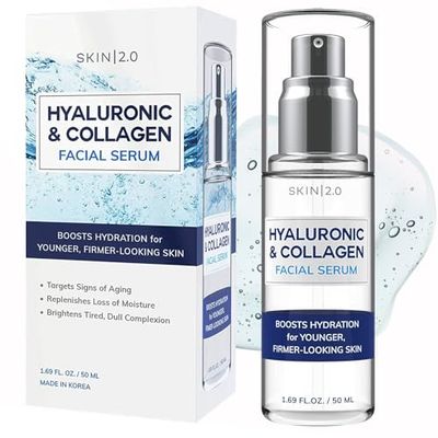 Skin 2.0 Hyaluronic Acid Collagen Face Serum - Dermatologist Tested, Skin Tightening, Hydrating - Anti-Aging, Clean Beauty, Cruelty-Free Korean Skincare for All Skin Types - 1.69 Fl oz