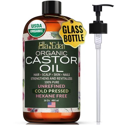 Ella Eden Organic Castor Oil for Hair Growth, Face, Skin in Glass Bottle USDA Certified, Cold-Pressed 100 Pure, Hexane-Free, Unrefined - 16 Oz