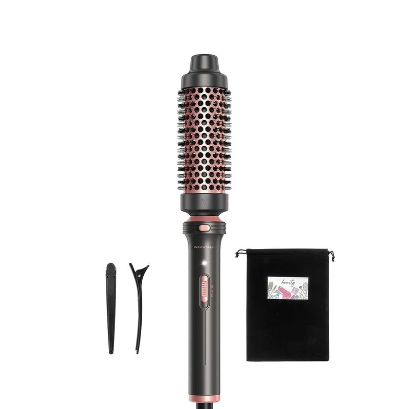 Wavytalk Thermal Brush, 1 12 inch Heated Round Brush with Detachable Head, Velvet Pouch and Dual Voltage for Travel, Easy to Create Blowout Look, Rose Gold