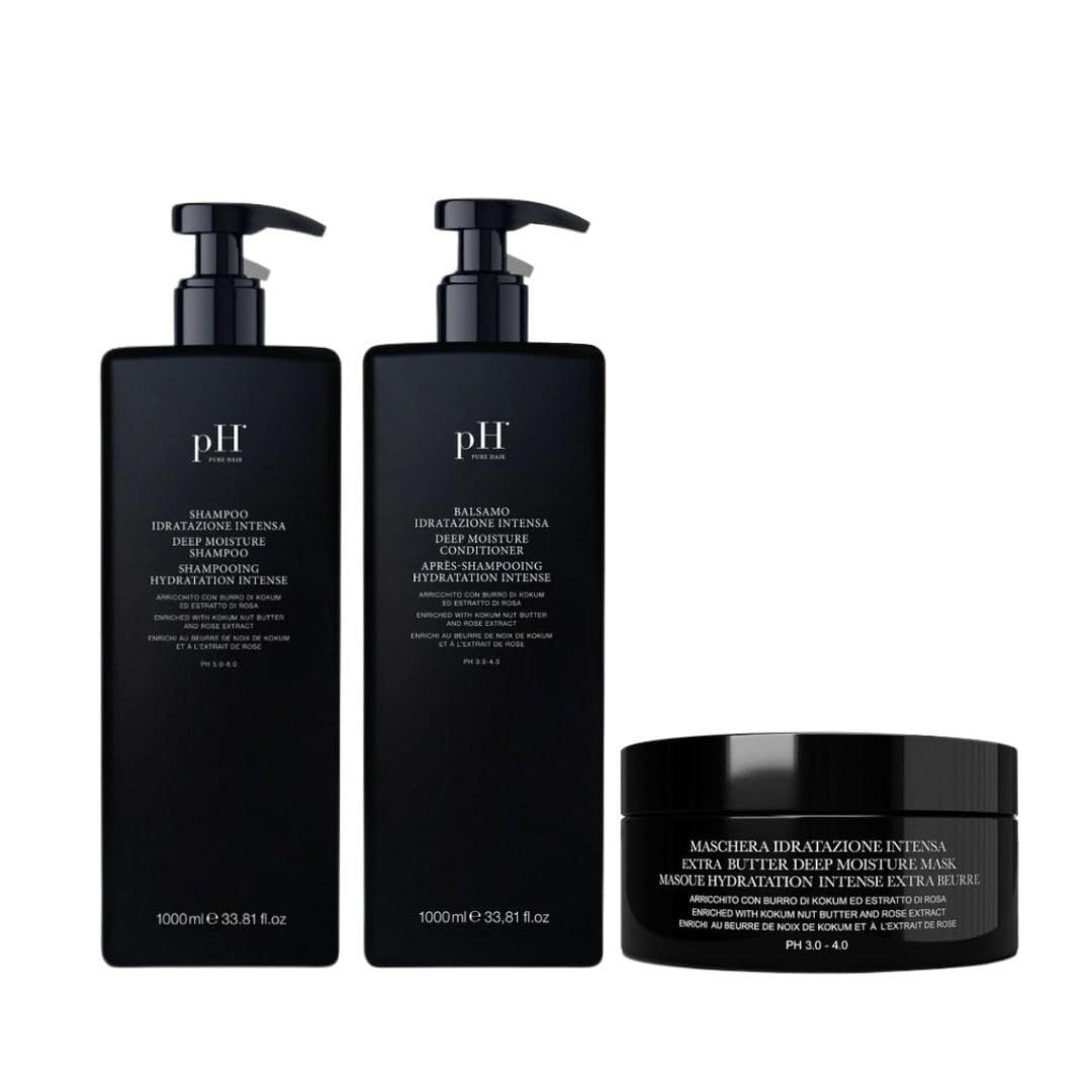 pH PURE HAIR Deep Moisture Set - Deep Moisture Shampoo and Conditioner Set with Extra Butter Hair Mask for Damaged Dry Hair - 33.8 Oz (Pack of 3)