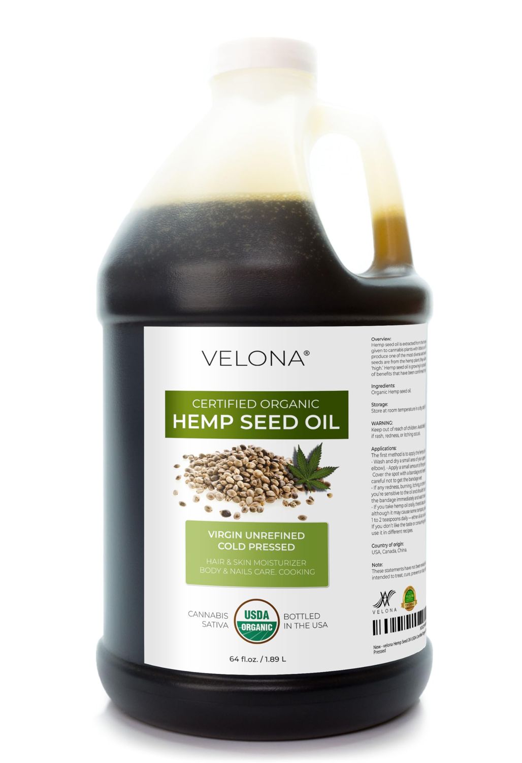 velona Hemp Seed Oil USDA Certified Organic - 64 Fl Oz 100 Pure and Natural Carrier Oil Unrefined, Cold Pressed Hair, Body, Face Skin Care