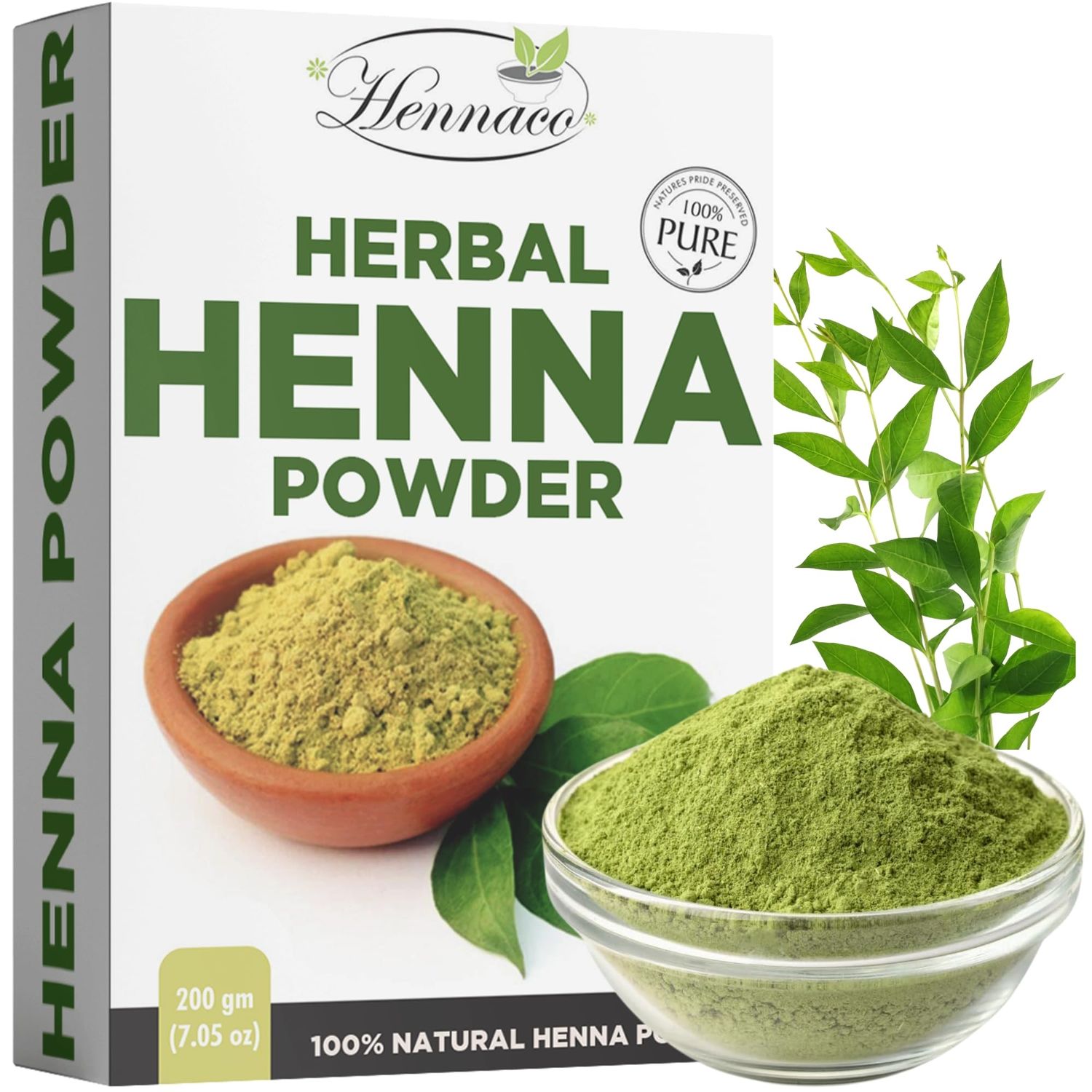 hennaco Henna Powder For Hair (7.05 Ounces 0.43 Pounds 200g) 100 Pure Henna with Azadirachta Indica Gooseberry for Strong Silky Hair - 100 Grey Coverage, Long Lasting Reddish Brown Color