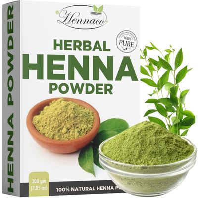 hennaco Henna Powder For Hair (7.05 Ounces 0.43 Pounds 200g) 100 Pure Henna with Azadirachta Indica Gooseberry for Strong Silky Hair - 100 Grey Coverage, Long Lasting Reddish Brown Color