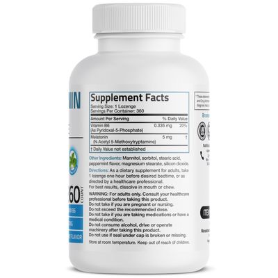 Bronson Melatonin 5mg Fast Dissolve Peppermint Tablets with Vitamin B6 - Promotes Relaxation, 360 Vegetarian Chewable Lozenges