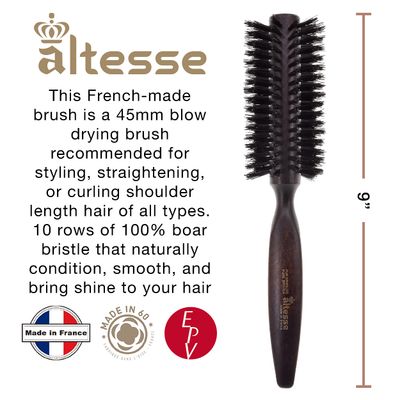 Altesse 1210P Boar Bristle Round Brush for Blow Drying (45mm) Medium Dark Beechwood Handle with 10 Rows Boar Bristle Hair Brush Round Hair Brush for Women Short Hair of All Types. Handmade in France
