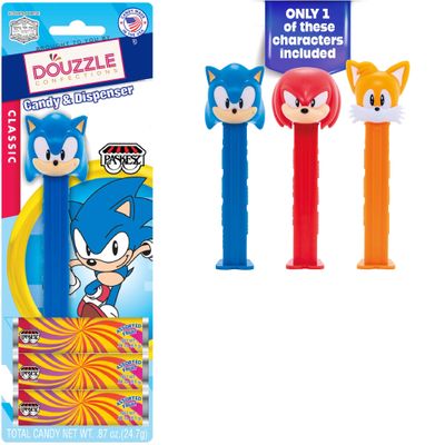 DOUzzle Kosher Pez Candy Sonic the Hedgehog Dispenser 3 Assorted Fruit Refills (Pack of 1) Gluten Free, Kosher Parve, USA Made
