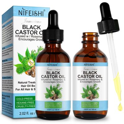 NIFEISHI Organic Castor Oil, 2pcs Pure Natural Jamaican Black Castor Oil Infused with Rosemary, Cold Pressed Glass Bottles, Boost Hair Growth for Thicker, Fuller Hair, Eyelashes Eyebrows 2.02 fl oz