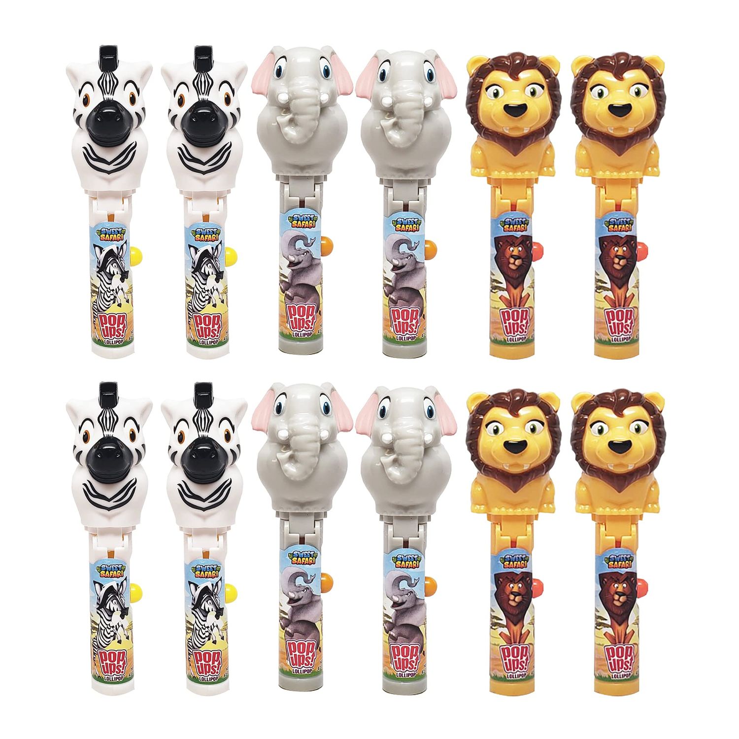 Pop Ups! Safari Animals Lollipop Holder - 12 Lollipops with Cases - Individually Wrapped Candy Party Favors - Party Candy - Bulk Set of 12