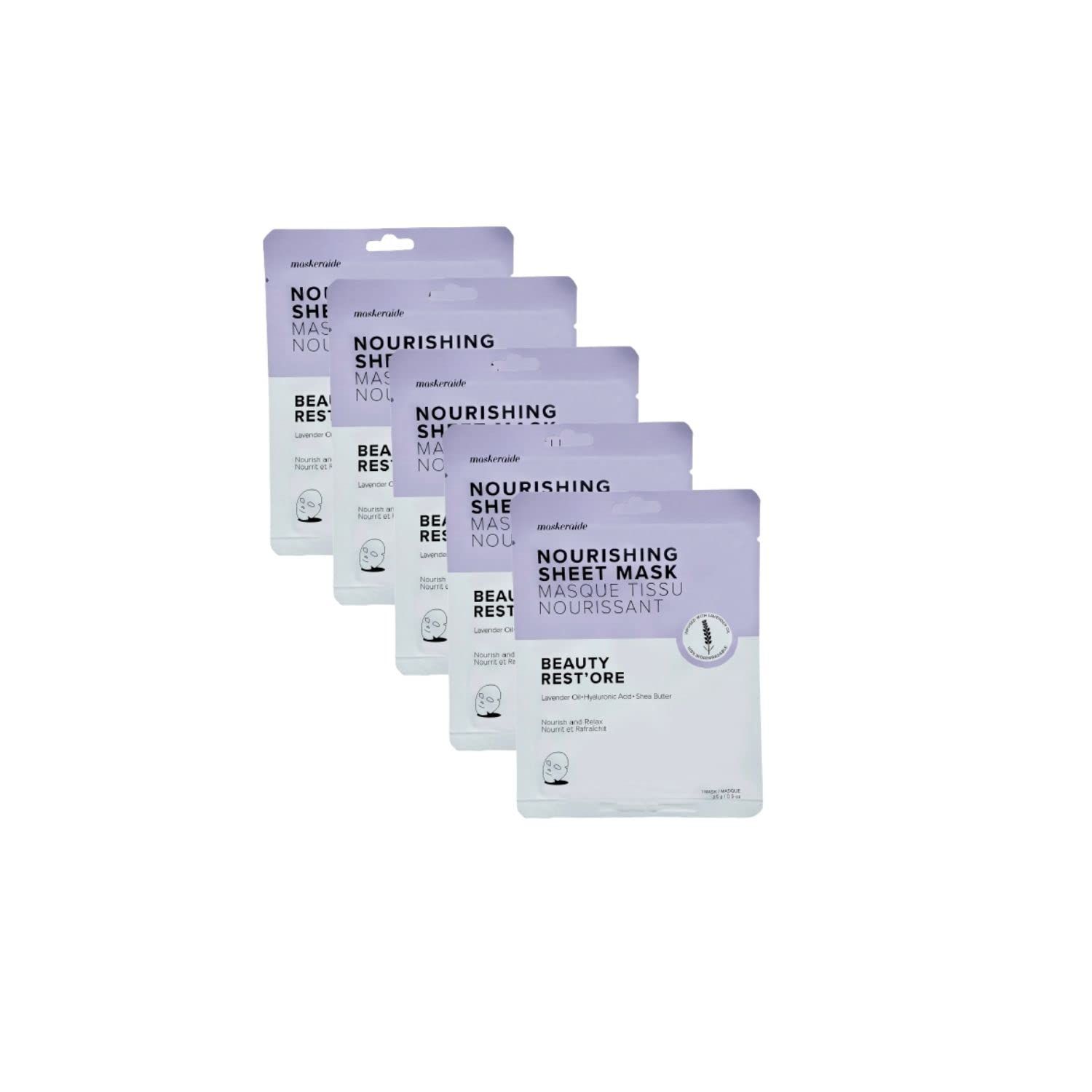 MaskerAide Beauty Restore Nourishing and Hydrating Lavender Face Mask with Hyaluronic Acid, Super Fruit Extracts, Allantoin Adenosine, Cruelty Free, 5 Pack