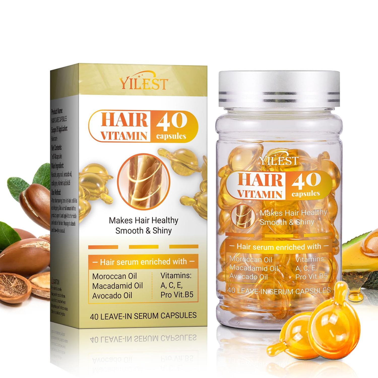 Vitamin Oil Capsules, Hair Treatment Oil for Unisex, 40 Capsules of Keratin and Argan Oil, Argan Oil-Leave-in Anti Frizz Hair Oil No Rinse for All Hair Types (1PC)