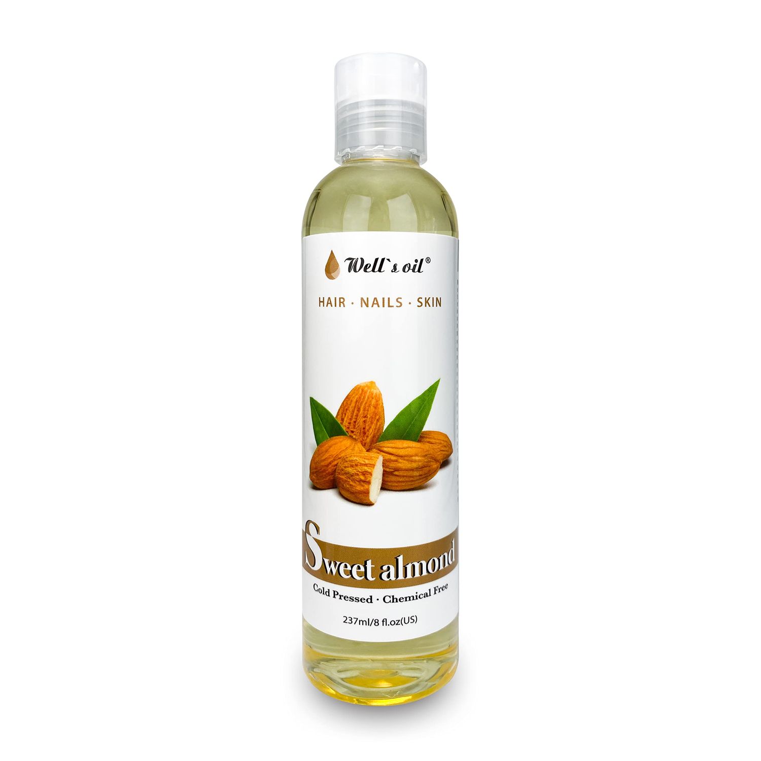 Well&#39;s 100 Pure Hair Skin Sweet Almond Oil Natural Carrier Oil For Hair, Eyelashes Brows Growth Moisturise, Strengthen Hair, Skin Nails Cold Pressed, 8 fl oz