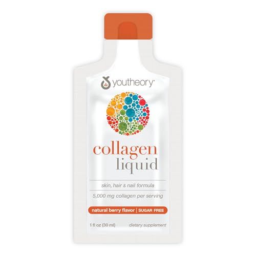 Youtheory Collagen Liquid - 5,000 mg Hydrolyzed Collagen - for Hair, Skin Nails - Sugar, Dairy Soy Free - Berry Flavor - 12 Single Serving Packets