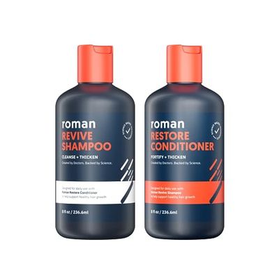Roman Men&#39;s Revive Shampoo Restore Conditioner Duo Exfoliates, Clarifies, Fortifies Moistruizes for Thicker Looking Hair, Made Without Sulfates, Parabens, or Phthalates 8 fl oz (Pack of 2)