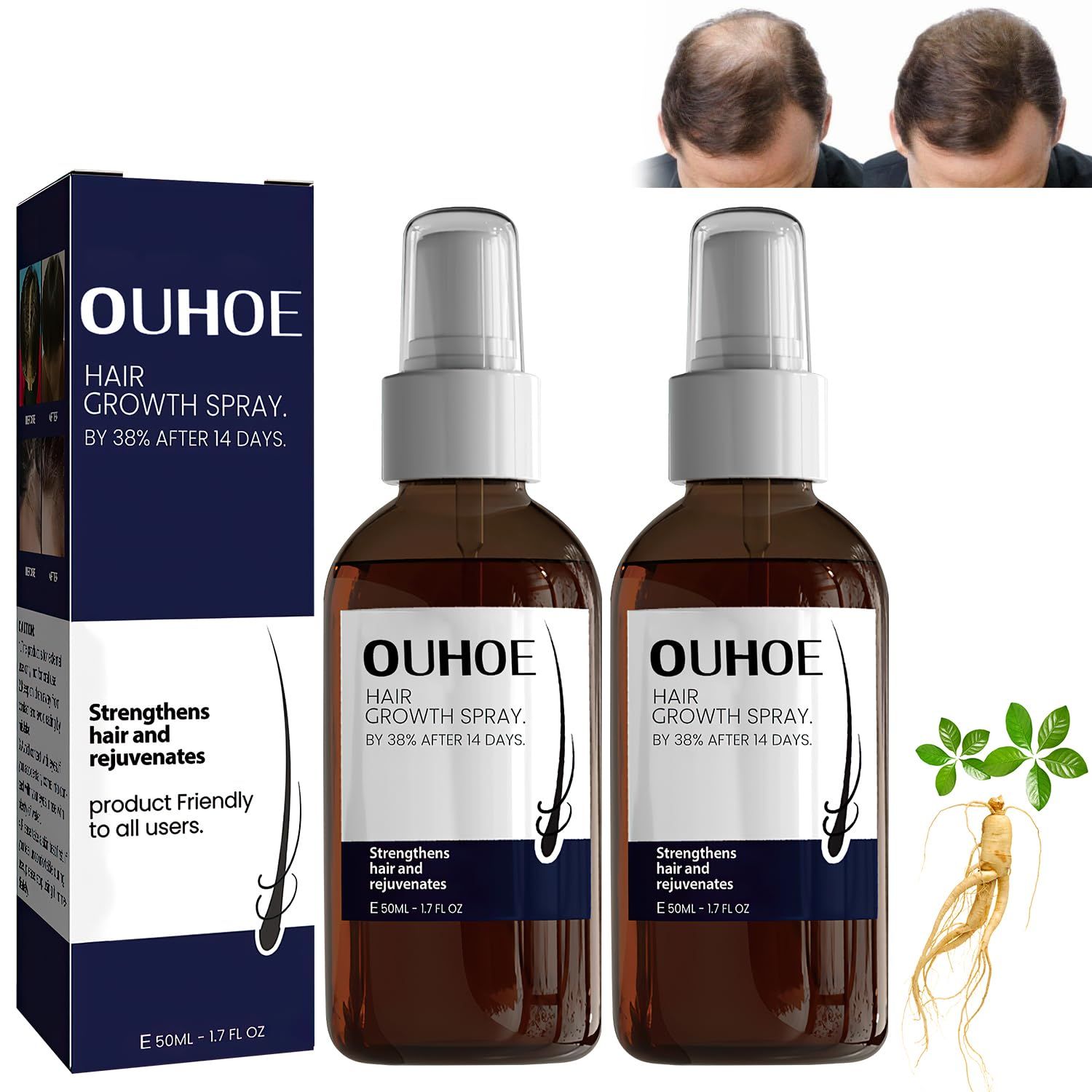 KLIFE Ouhoe Hair Growth Oil for Men Women, Natural Hair Enhance Serum, Stronger and Hair Thickening Spray (2PCS, Unscented, Brown, 1.7 Fl Oz, Unisex Adult)