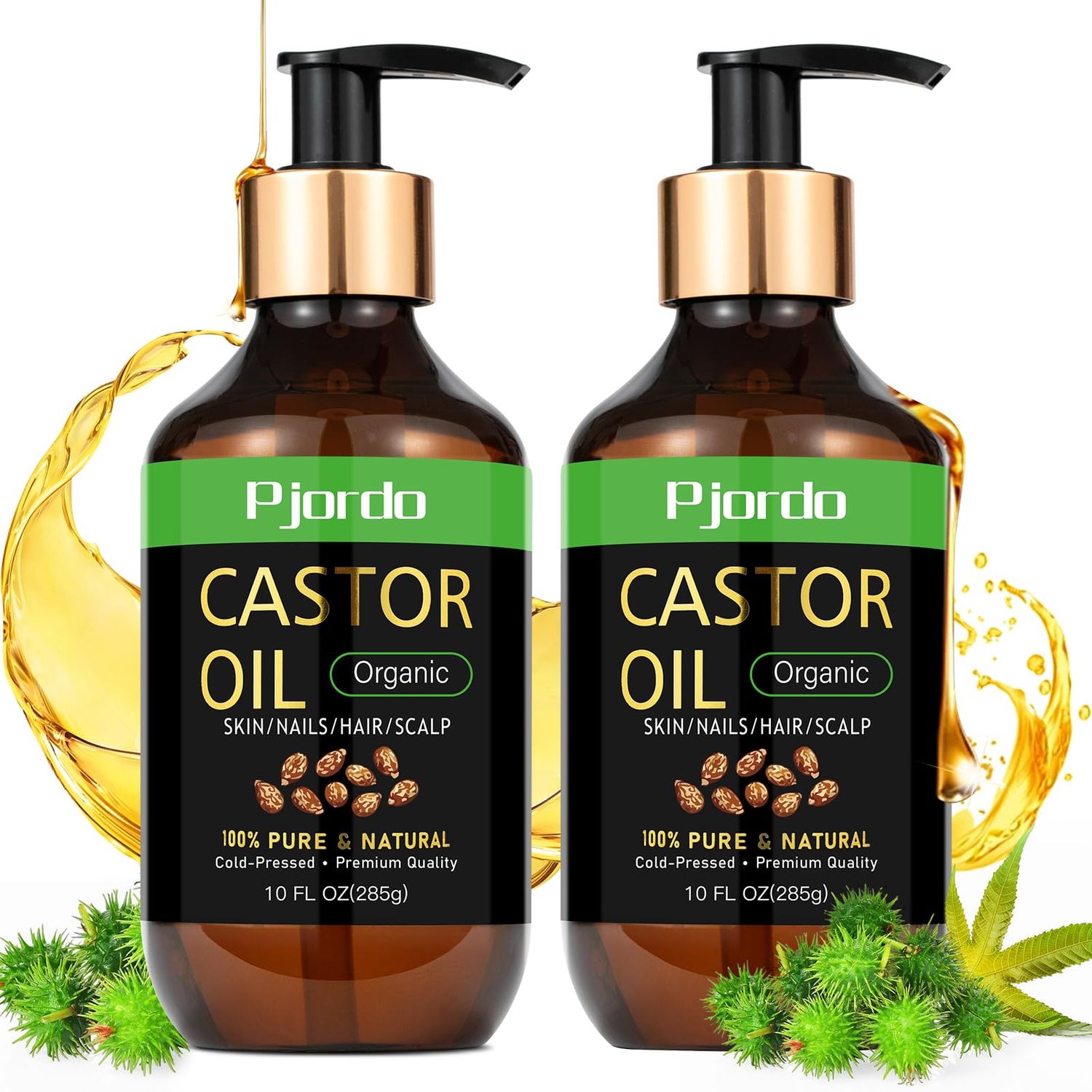 Pjordo Cold Pressed Unrefined Castor Oil - 100 Pure, Hexane-Free for Hair Growth, Thicker Eyelashes Eyebrows, Skin Moisturizer, 20 fl. oz