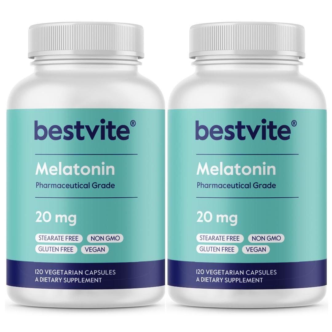 BESTVITE Melatonin 20mg (240 Vegetarian Capsules) (120 x 2) - No Stearates - Vegan - Non GMO - Gluten Free
