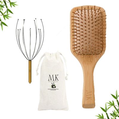 Bamboo Hair Brush Scalp Massager Set - Eco-Friendly Wooden Hairbrush for Hair Growth, Relaxation Detangling - Natural Bristles - Gift for Women Men