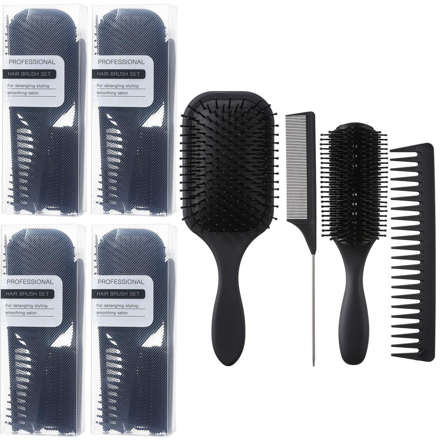 Meanplan 4 Sets Hair Brush Set Paddle Hair Comb, Detangling Brush and Comb Set 4 in 1 for Men and Women, Great on Wet or Dry Hairstyle, No More Tangle Hairbrush for Long Thick Thin Curly Natural