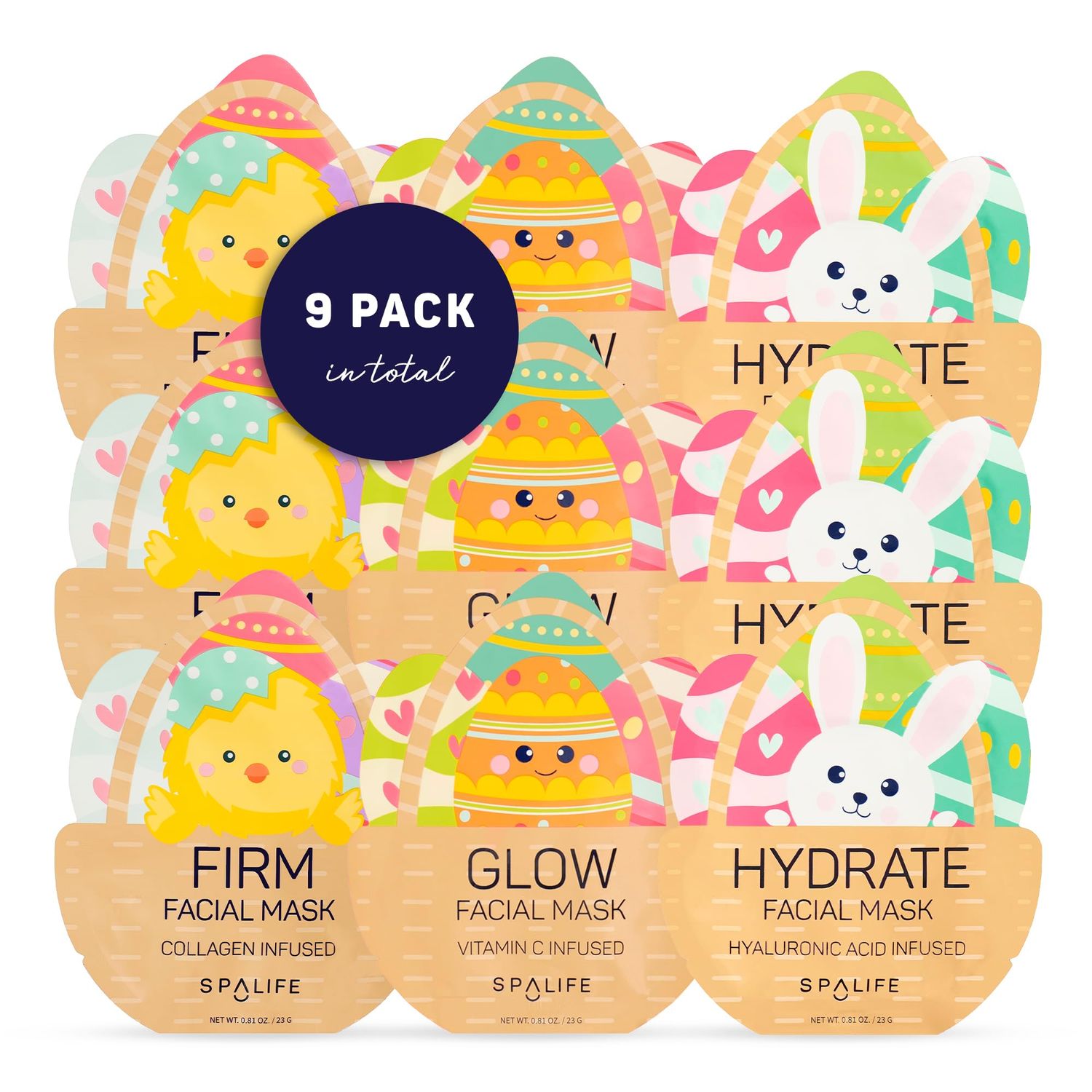 SpaLife Spring Easter Facial Masks (9Pack) - Hyaluronic Acid, Collagen, Vitamin C Infused - Reduces Dark Circles, Hydrates, Firms Skin - Skin Care Masks for Puffiness, Fine Lines Wrinkles