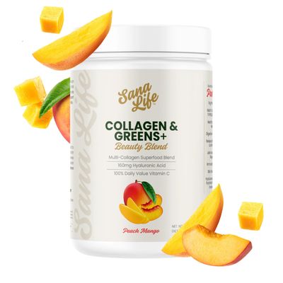 Sana Life Collagen Greens Powder, Multi-Collagen Supplement with Hyaluronic Acid for Skin, Hair, Nail Gut Health - 30 Servings (Peach Mango)