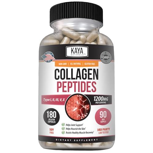 Kaya Naturals Multi Collagen Peptides Complex Powder for Women and Men, Types I, II, III, V X 180 Count Capsules