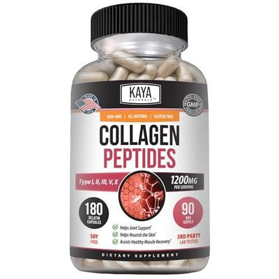Kaya Naturals Multi Collagen Peptides Complex Powder for Women and Men, Types I, II, III, V X 180 Count Capsules