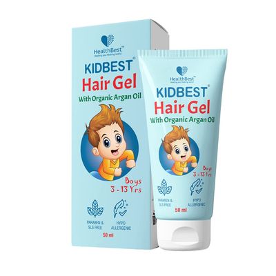 HealthBest Kids Hair Styling Gel for Boys Girls (Daily Use) with Non Toxic Organic Argan Oil, Drumstick Tree Oil Kertine, Hair Growth, Damaged Hair, Tear, Paraben, SLS free, 50ml