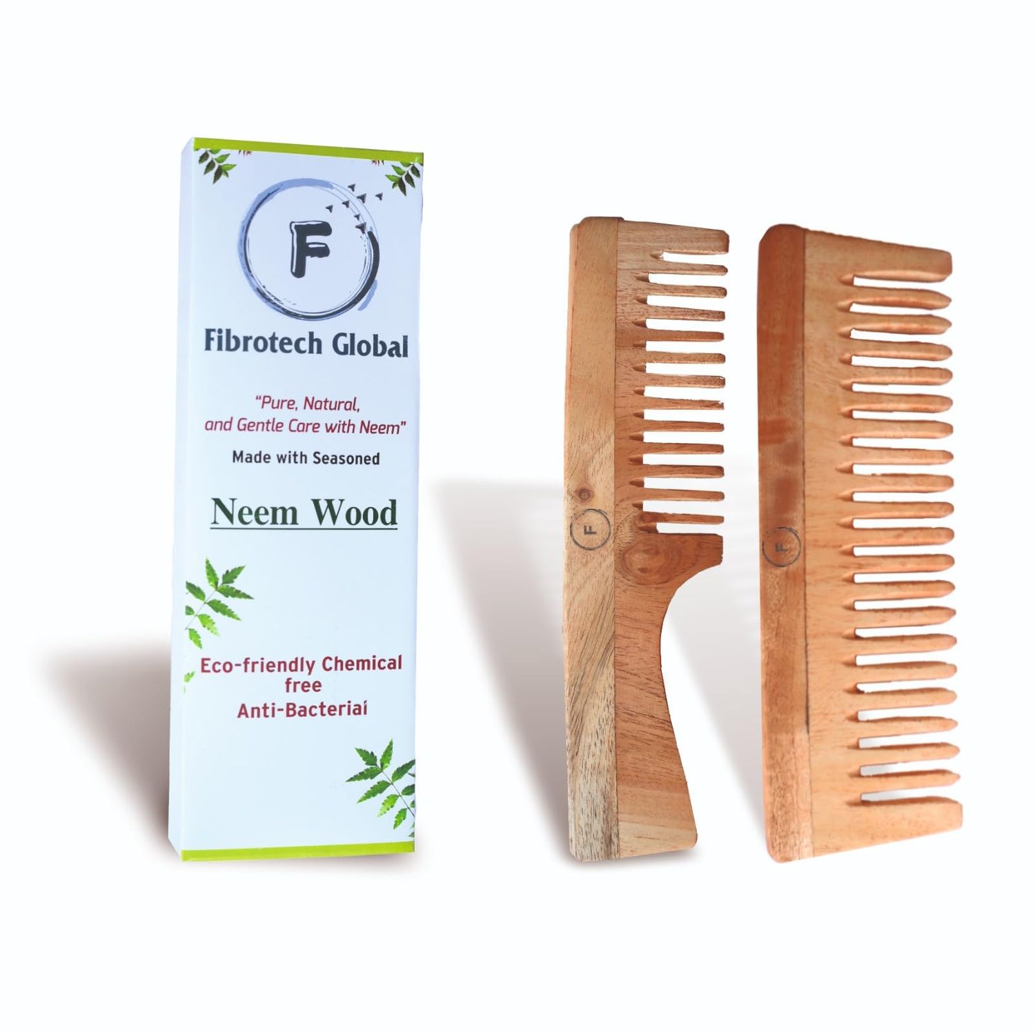 Fibrotech Global Wooden Neem Hair Comb Set Neem Comb for Hair Growth Scalp Massage Wide-Tooth Handmade Detangling Comb for Men Women Organic, Eco-Friendly Sustainable Hair Care Pack of 2