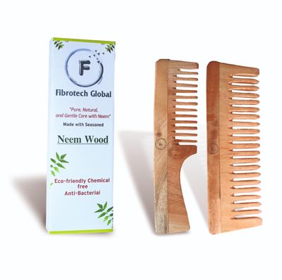 Fibrotech Global Wooden Neem Hair Comb Set Neem Comb for Hair Growth Scalp Massage Wide-Tooth Handmade Detangling Comb for Men Women Organic, Eco-Friendly Sustainable Hair Care Pack of 2