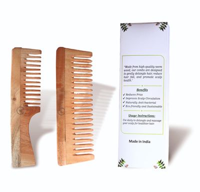 Fibrotech Global Wooden Neem Hair Comb Set Neem Comb for Hair Growth Scalp Massage Wide-Tooth Handmade Detangling Comb for Men Women Organic, Eco-Friendly Sustainable Hair Care Pack of 2