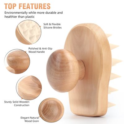 Scalp Massager Shampoo Brush, Wooden Wet and Dry Hair Scalp Care Brush, Shower Brush Scalp Scrubber Exfoliator with Soft Silicone Bristles for Dandruff Removal, Hair Growth (Beige)