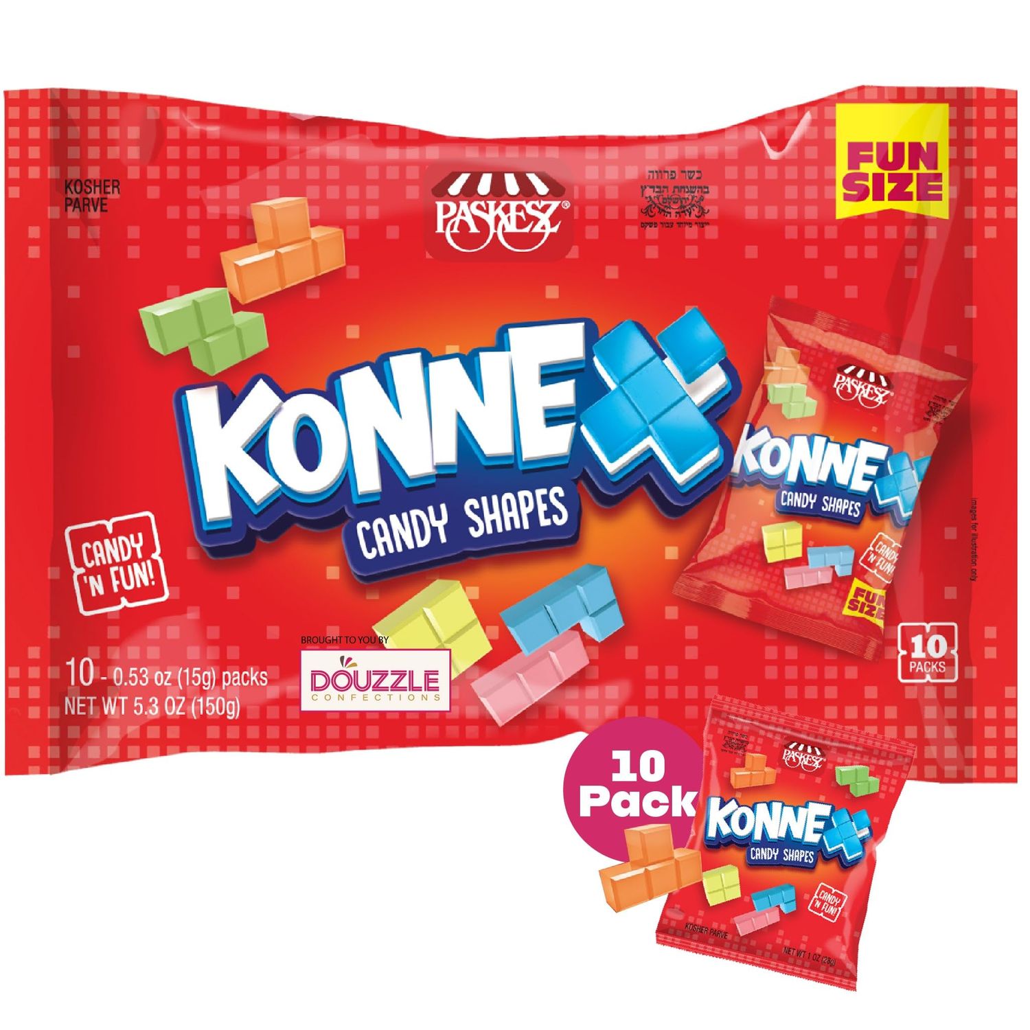 DOUzzle Konnex Candy Shapes, Edible Building Blocks (10 Count, Pack of 1) Individually Wrapped Candies, Birthday Party Favors, Goodie Bags Stuffers, Pinata Filler - Kosher Parve
