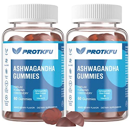 ProTKFU 2 Pack Ashwagandha Gummies Vitamin D3 Gummies Organic Aswangdha Supplement for Improve Sleep, Stress Relief Mood Calm (Non-GMO, Gluten-Free Sugar Free)