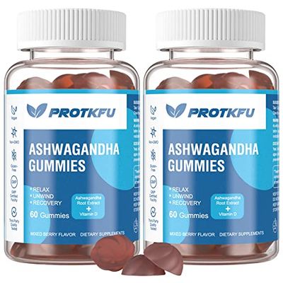 ProTKFU 2 Pack Ashwagandha Gummies Vitamin D3 Gummies Organic Aswangdha Supplement for Improve Sleep, Stress Relief Mood Calm (Non-GMO, Gluten-Free Sugar Free)
