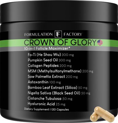 Crown of Glory 10 in 1 Hair Growth Maximizer, DHT Blocker Supplement, Saw Palmetto, Fo-Ti, Collagen, Pumpkin Seed Oil More, Supports Thicker, Stronger Hair Scalp Health (120 Capsules - 2 Months)