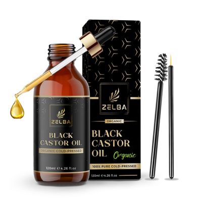 Zelba Organic Jamaican Black Castor Oil - Cold Pressed, 100 Pure Natural - Hair Growth, Eyelash Eyebrow Enhancer, Skin Moisturizer - Hexane-Free - in Glass Bottle - 4.2 fl oz