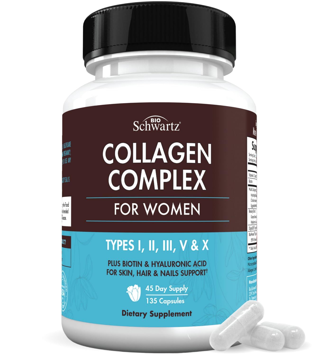 Hydrolyzed Collagen Peptide Capsules for Women - Multi Collagen Supplement Types I, II, III, V, X with Vitamin C, Biotin, Keratin - Skin, Hair Nails Support - 135 Capsules