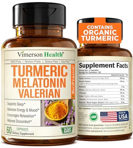 Turmeric Supplement - Turmeric Curcumin with Black Pepper, Melatonin 3mg Valerian. Natural Sleep Aid for Adults with L-Theanine, Ginger, Valerian Root Capsules. Aids Relaxation and Mood. 60 Capsules