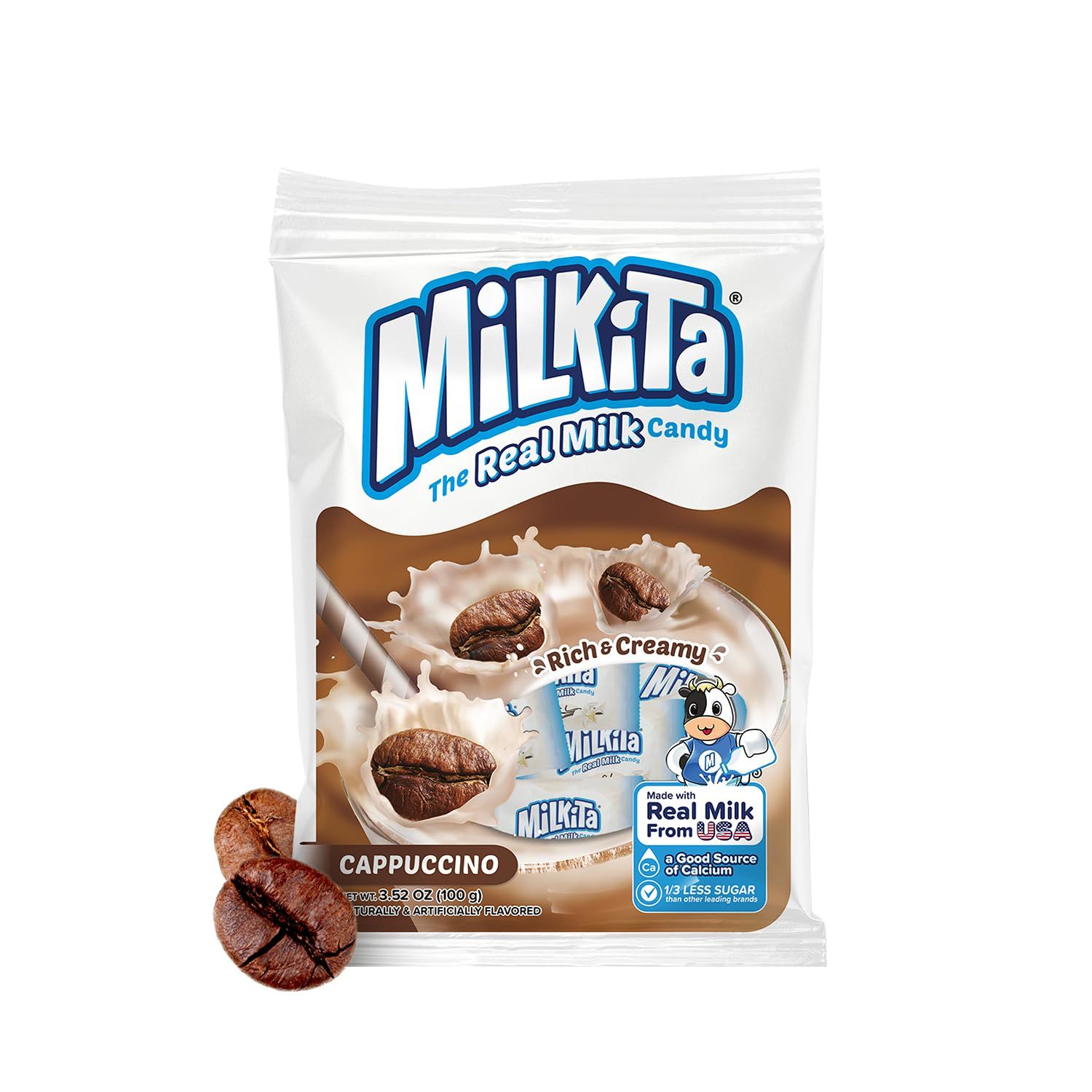 Milkita Creamy Shake Candy Bag, Gluten Free Chewy Candies with Calcium Real Milk, Zero Trans Fat, Low-Sugar, Cappuccino Flavor, 25 Pcs