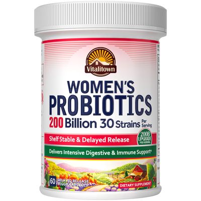 Vitalitown Womens Probiotics 200 Billion CFUs 30 Strains 60 ct Shelf Stable, Acid Resistant Replenish Good Bacteria, Intensive Digestive Vaginal Support Vegan, Non-GMO