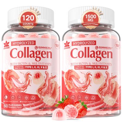 2Pack Sugar-Free Hydrolyzed Collagen Peptide Filled Gummies for Women Men, with 1500mg Protein Type I,II,III,V,X, 5000mcg Biotin Vitamin C A E D3 B6 B12 for Immune Digestion Skin Hair Nails, Bone