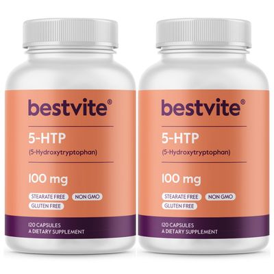 BESTVITE 5-HTP 100mg (240 Capsules) (120 x 2) - No Stearates or Flow Agents - Gluten Free - Non GMO
