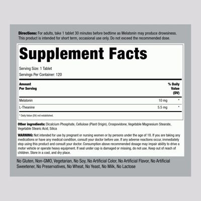 Piping Rock Melatonin with L-Theanine 120 Tablets Melatonin 10mg Adult Sleep Supplement Extra Strength Complex Formula Vegetarian, Non-GMO, Gluten Free